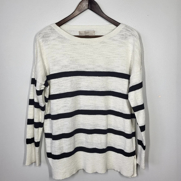 LOFT Sweaters - SOLD LOFT Nautical Striped Knit Boat Neck Relaxed Fit Sweater White Black